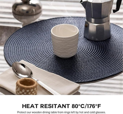Round Placemats Set of 8 Plastic Woven Placemats Washable Wipeable Table Mats for Dining Table Heat Resistant Non-Slip Circle Place Mats (Navy Blue)