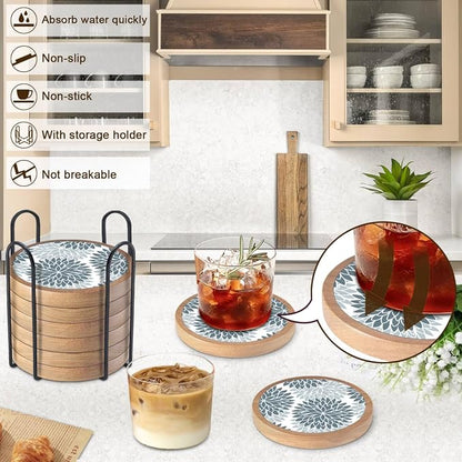 Wood Coasters Set of 8 with Holder, Cewiru Cup Mat - Image 2