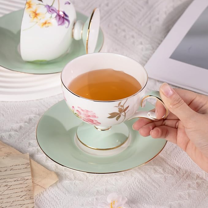 KAMMAK Tea Cups Set of 2, Ceramic Floral Pattern Demitasse Cup | Porcelain - Image 7