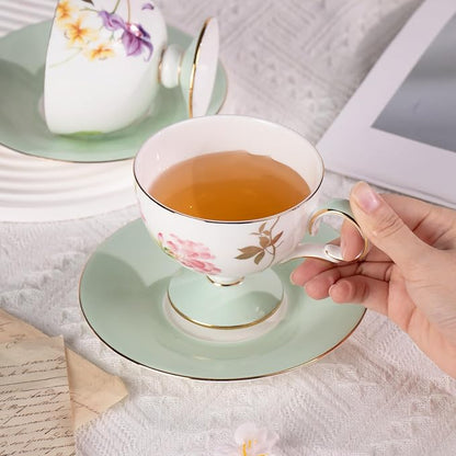 KAMMAK Tea Cups Set of 2, Ceramic Floral Pattern Demitasse Cup | Porcelain - Image 7