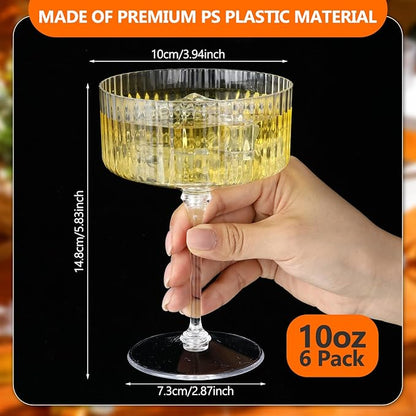 6 Pcs Ribbed Martini Glasses 10 oz Disposable Plastic Vintage Ribbed Coupe Glasses Unbreakable Dessert Parfait Glassware for Wedding Birthday Party Supplies (Clear)