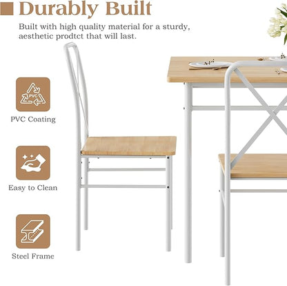 VECELO 5-Piece Kitchen Dining Table Set, Wood Tabletop & Heavy-Duty Metel Frame, Rectangle Dinette with 4 Chairs for Small Space, Breakfast Nook, Natural White