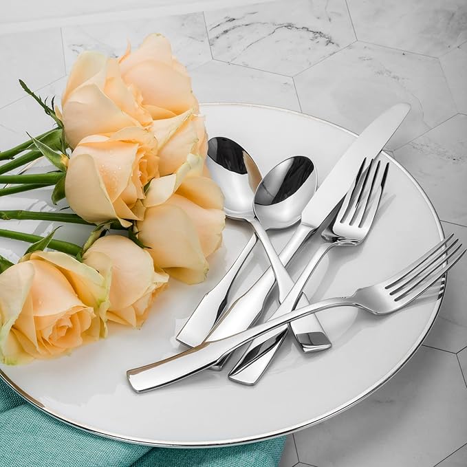 Alata Kate 65-Piece Silverware With Utensil-Serving Set, Service for 12, Stainless Steel Flatware, Mirror Polished Cutlery, Dishwasher Safe