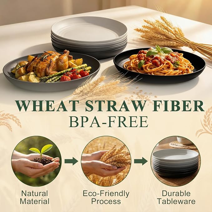 Kitchen Plates Set for 8, Unbreakable Wheat Straw Plates 10 Inch, Alternative - Image 3