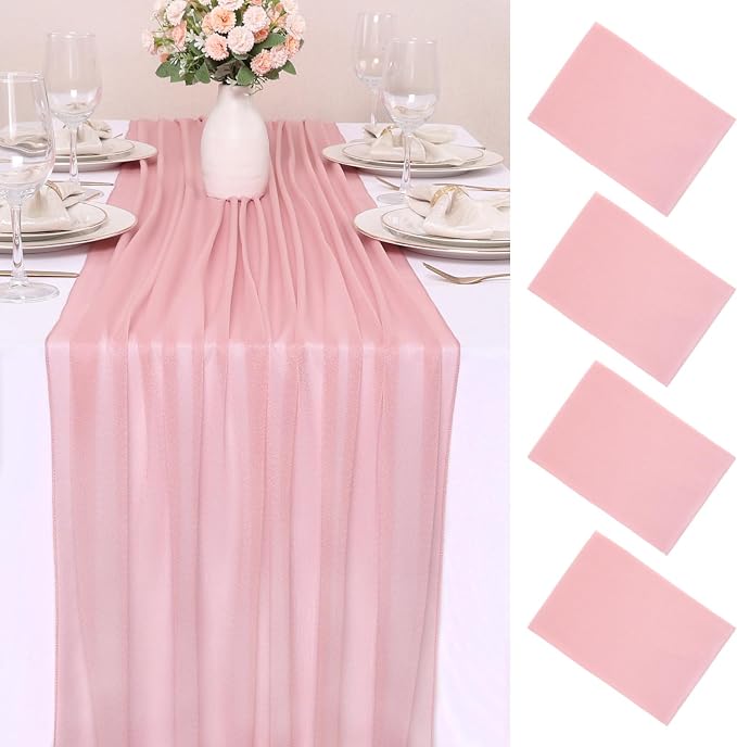 4 Pcs 10FT Dusty Rose Chiffon Table Runners 30x120 Inches Boho Tulle Fabric by SAJOO