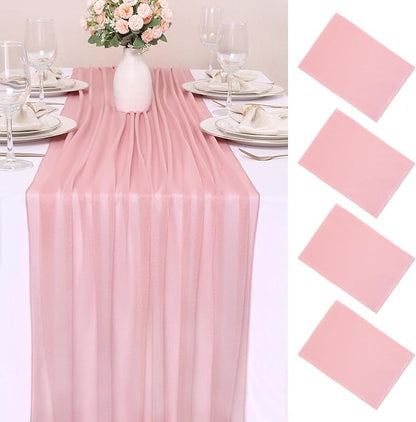 4 Pcs 10FT Dusty Rose Chiffon Table Runners 30x120 Inches Boho Tulle Fabric by SAJOO