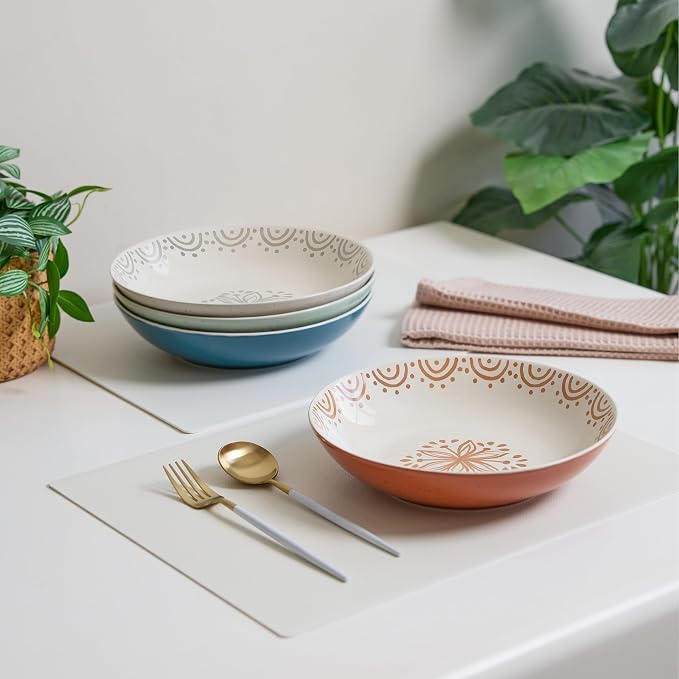 Sango 4-Piece Speckled Stoneware Pasta Bowl Set- Wide Shallow Dinner Bowls - Image 4