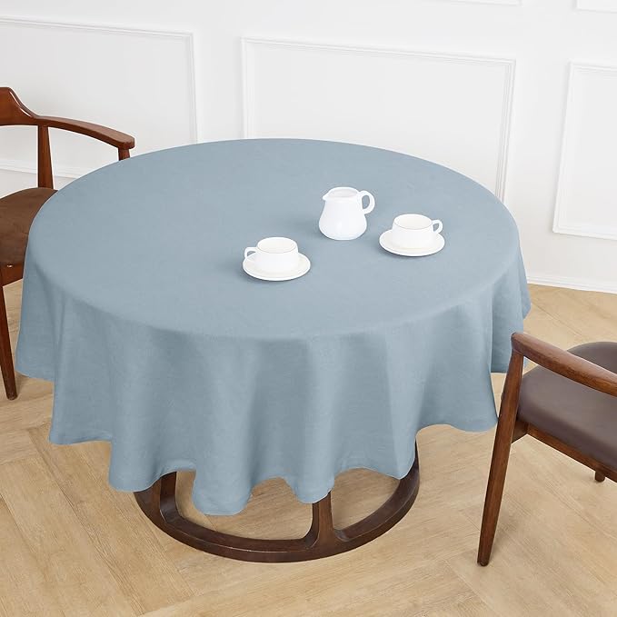 Solino Home Linen Round Tablecloth 70 Inch - 100% Pure Linen Dusty Blue Round Tablecloth - Machine Washable Table Cloth for Winter, Spring, Easter - Sonoma