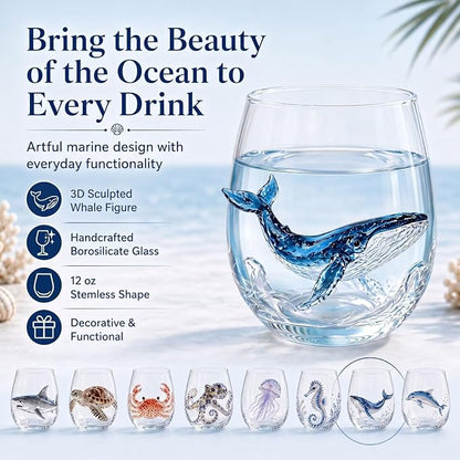 Blue Whale Artisanal Glassware, 3D Ocean Animal Drinking Glass Cup | - Image 5