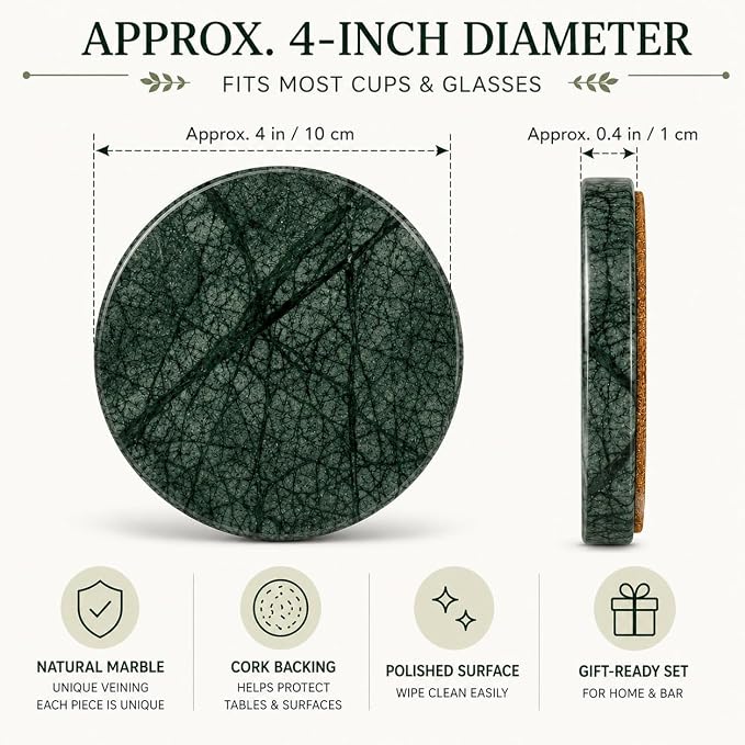 Green Marble Coasters Set of 4, Natural Emerald Stone Drink Coasters - Image 2