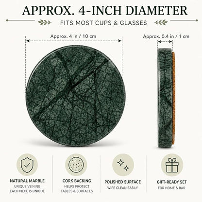 Green Marble Coasters Set of 4, Natural Emerald Stone Drink Coasters - Image 2