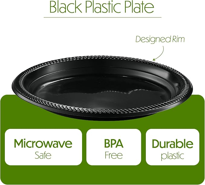 PLASTICPRO 100 PCS Black Plastic Plates Light Weight 10'' Inch Plastic Dinner - Image 5