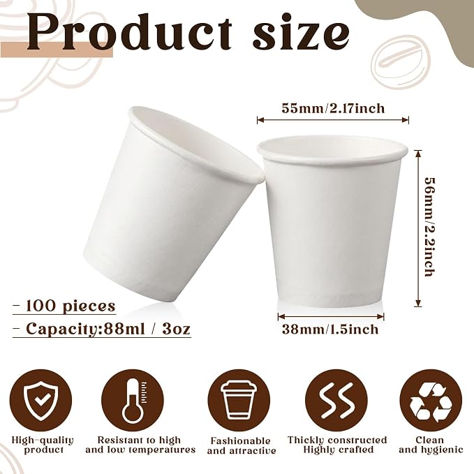 100 Pack 3oz Mini Coffee Cups Disposable Paper Cups Hot or Cold Beverage Cup - Image 2