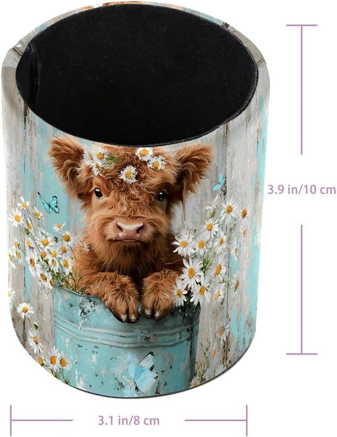 Leather Pen Holder for Desk, Highland Cow Flower Pencil Cup Pen Organizer - Image 3