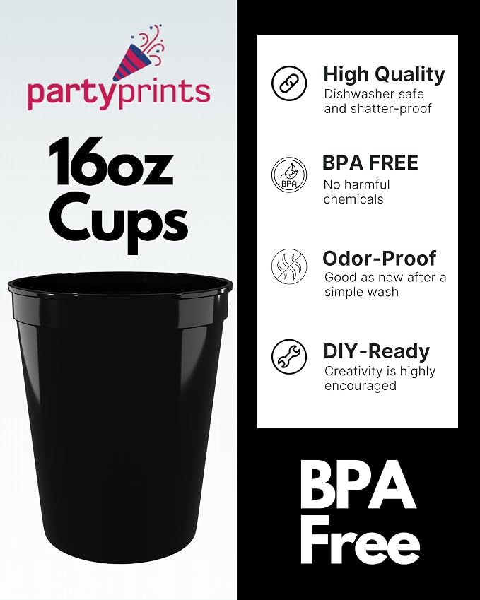 PartyPrints 10 Pack 16 oz Black Reusable Blank Plastic Cups, Stadium Cups Bulk - Image 2