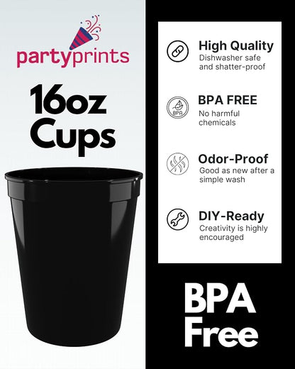 PartyPrints 10 Pack 16 oz Black Reusable Blank Plastic Cups, Stadium Cups Bulk - Image 2