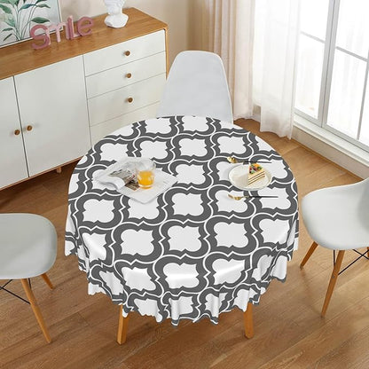 Laeacco 24 Inch Morocco Round Tablecloth Grey White Geometric Lattice Modern Abstract Art Print Table Cloth Washable Waterproof Wrinkle Free Table Cover for Kitchen Dining Picnic Party Decoration