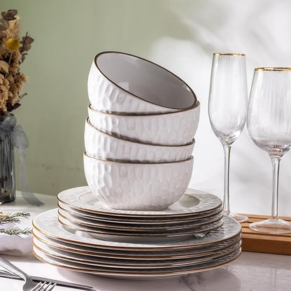 GBHOME Ceramic Dinnerware Sets, 24 pcs Embossed Elegant Stoneware Plates and Bowls Sets, Housewarming Wedding Gift | Dishwasher & Microwave Safe | Dishes Set Service for 8