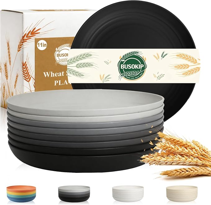Kitchen Plates Set for 8, Unbreakable Wheat Straw Plates 11 Inch, Alternative by BUSOKIP