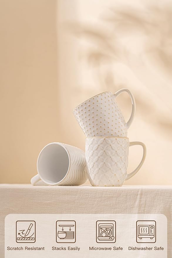 FOBENTA Ceramic Coffee Mugs Set of 4, 12oz Embossed Cups - Image 5