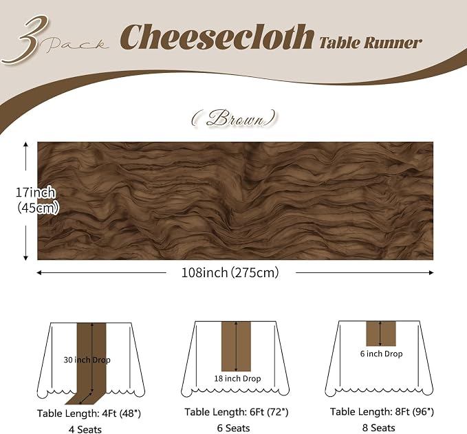 3 Pack Brown Cheesecloth Table Runner, 17 x 108 inch, Semi Sheer Boho Cheese - Image 3