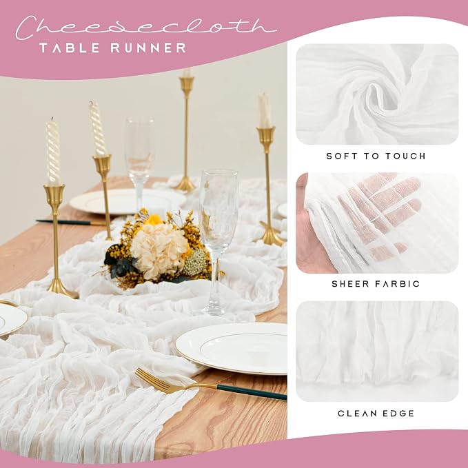 YMHPRIDE 12 Pack Cheesecloth Table Runner 35x120in White Table Runner | Boho - Image 4