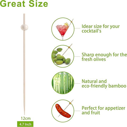 200 Pcs Cocktail Picks, 4.7 Inch Toothpicks for Appetizers, Bamboo Cocktail Sticks Skewers for Drinks, Desserts, Charcuterie, Wedding Party Fancy Toothpicks, Natural Pearl Mini Food Picks Decorative