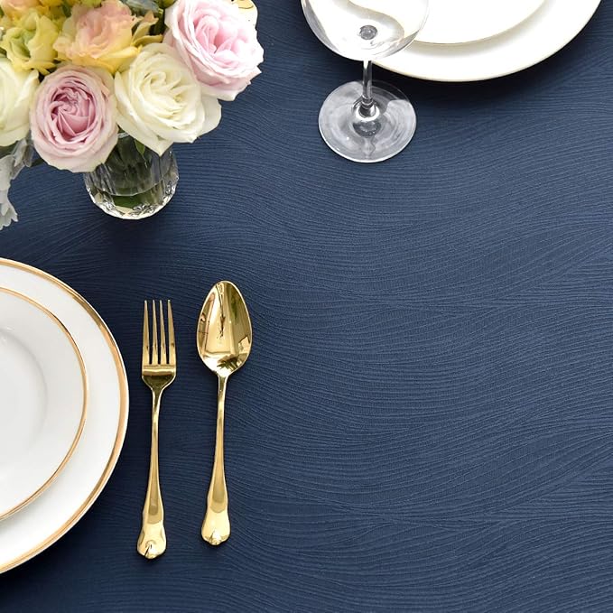 maxmill Jacquard Table Cloth Waving Pattern Water Resistant Wrinkle Resistance Heavy Weight Soft Tablecloth for Kitchen Dinning Tabletop Decoration Oblong 60 x 140 Inch Navy Blue