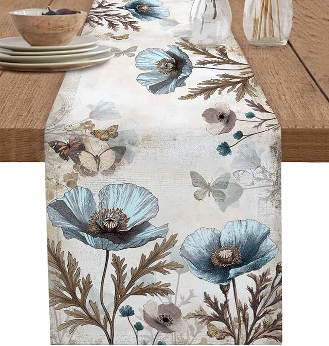 Vintage Tulip Flowers Table Runners 72 Inches Long, Cotton Linen Fabric Table by Edwiinsa