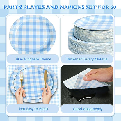 180Pcs Blue Gingham Party Supplies Paper Plates and Napkins Serve 60 - Image 3