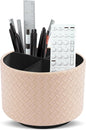 Hennaja Round Leather Art Supply Organizer,Remote Control Holder,360 Degree Spinning,Multi-Functional Pencil Holder,4 Compartments Desktop Stationary Organizer(1-Weave Khaki)