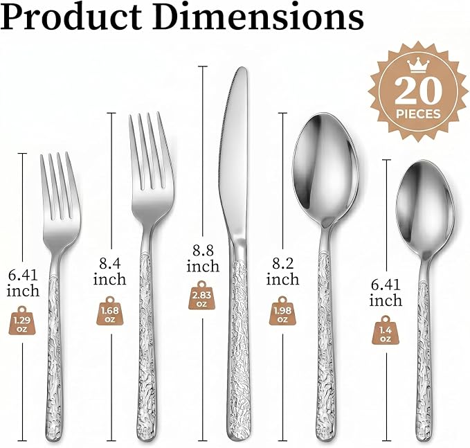 20 Piece Embossed Silverware Set, Stainless Steel Flatware Set - Image 2