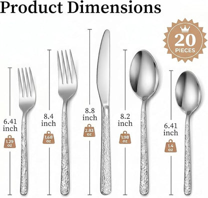 20 Piece Embossed Silverware Set, Stainless Steel Flatware Set - Image 2