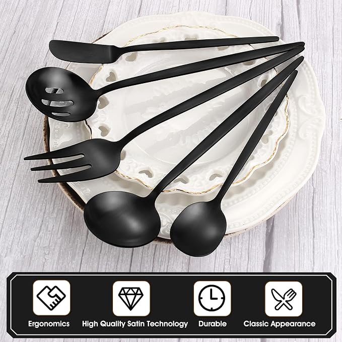 VANVRO Matte Black Serving Silverware Set, 5-Piece Round Shared Utensils Set of - Image 3