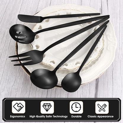VANVRO Matte Black Serving Silverware Set, 5-Piece Round Shared Utensils Set of - Image 3