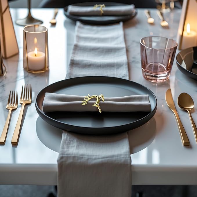 Decozen Set of 8 Gold Napkin Rings in Stag Design Festive Table Decor Setting for Holiday Wedding, Birthday, Kitchen, Home Decor Housewarming Gift - Thanksgiving & Christmas Gift Decoration