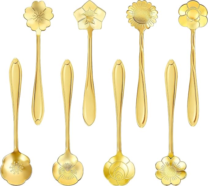 8-Piece Golden Flower Tea Spoon Set | Stainless steel gold spoons; by Unknown