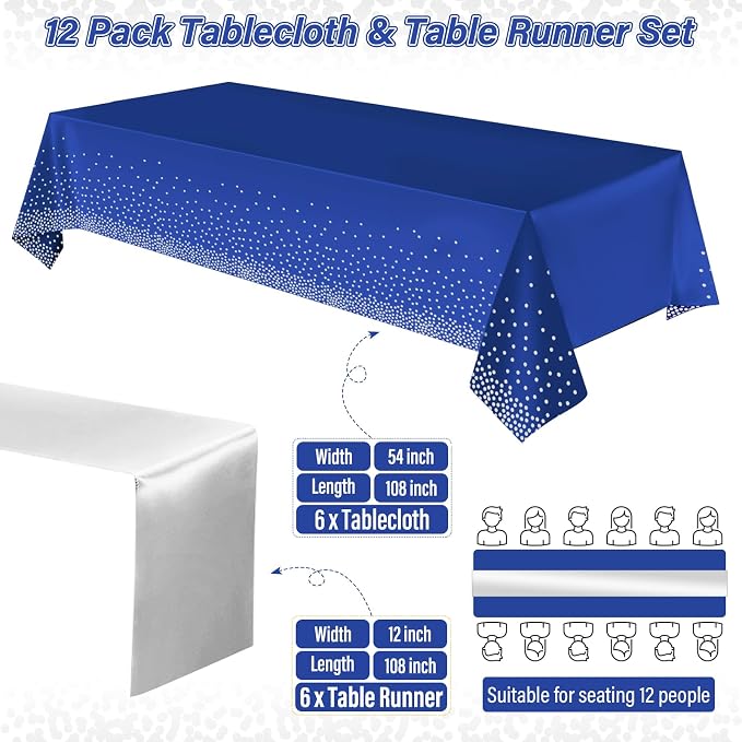 12 Pack Blue and Silver Tablecloth and Table Runner Party Decorations - Image 2