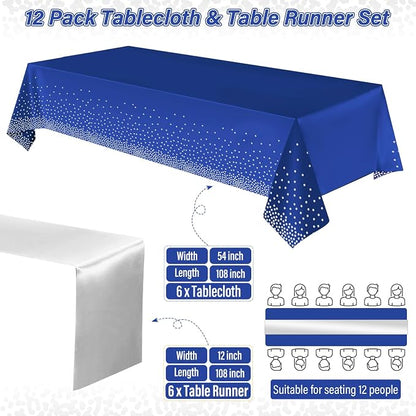12 Pack Blue and Silver Tablecloth and Table Runner Party Decorations - Image 2