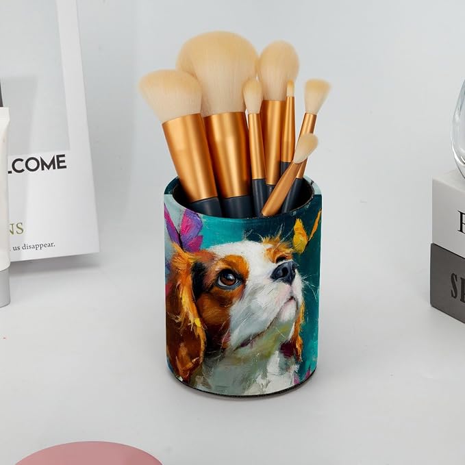 Leather Pen Holder for Desk, Beagle Butterfly Pencil Cup Pen Organizer Makeup - Image 6