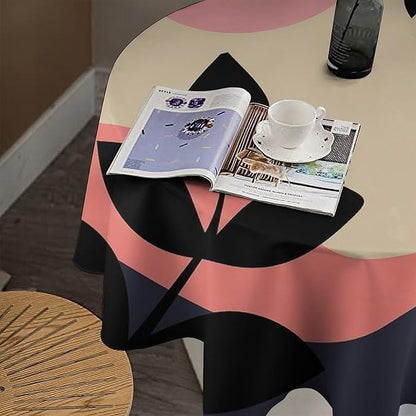 Medieval Bohemian Abstract Round Tablecloth, Mid Century Modern Leaves Geometric Tablecloth for Home Party Dining Room Kitchen Decor 60Inch(152cm)