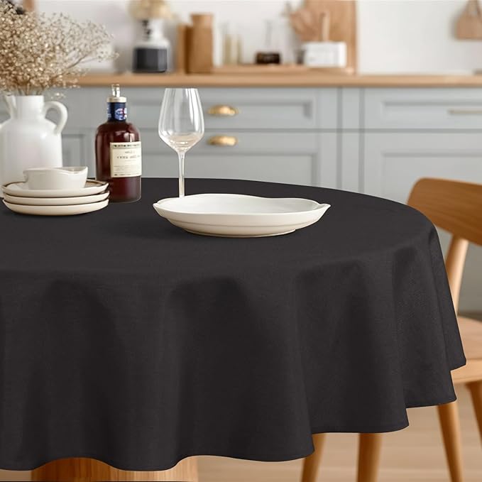 JIUZHEN Faux Linen Round Tablecloths 102 inch, Decorative Wrinkle Free Texture Rustic Circle Table Cloth Cover for Kitchen, Dining, Party, Wedding, Outdoor Use (102 Inch Round,Black)