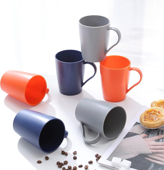 Coffee Mugs Set of 6, 12 Ounce Plastic Coffee Cups Set, 3 Basic Colors | - Image 3