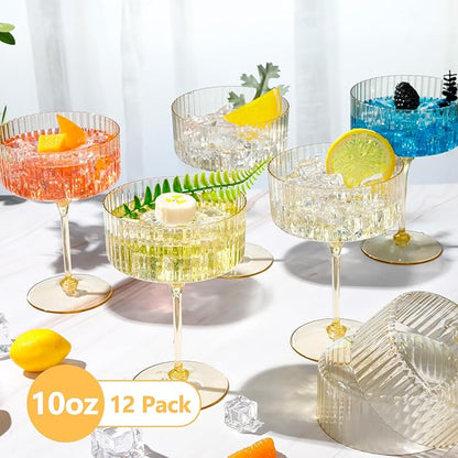 12 Pcs Ribbed Martini Glasses 10 oz Disposable Plastic Vintage Ribbed Coupe Glasses Unbreakable Dessert Parfait Glassware for Wedding Birthday Party Supplies (Gold)