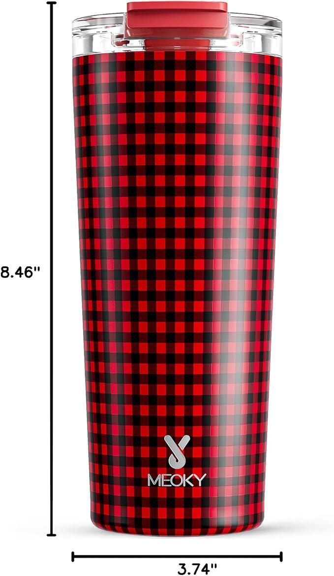 Meoky 24 oz Insulated Travel Coffee Mug: Leak Proof Lid, Crimson Plaid | - Image 3