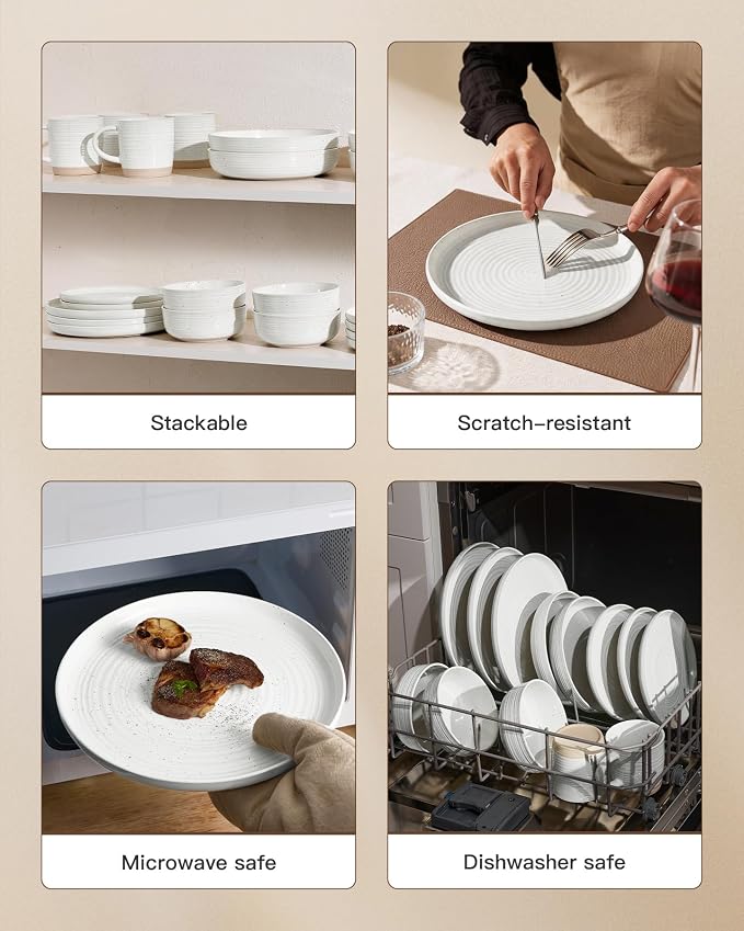 Stoneware Dinnerware Sets for 6, Plates and Bowls, Chip & Scratch Resistant - Image 4