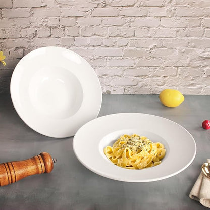 Porcelain Soup Bowls soup Plate Pasta Bowl Set of 4 Shallow Bowl Plates, 14 oz Rimmed Bowls with Rim, Microwave ovens and refrigerators safe, Line texture 11.9 Inch
