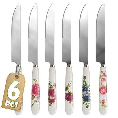 Butter Knife Set of 6, Floral Ceramic Handle, Stainless Steel Blade | Small by TheLittleGreenChange