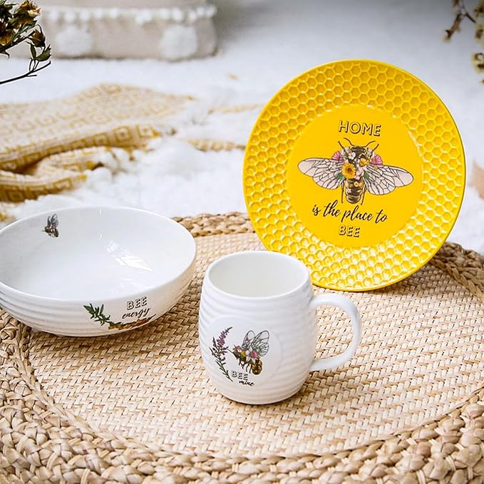 2 PCS Tea & Coffee Saucers, Honey Bee Pattern Ceramic Tea Plates Round Cup - Image 2