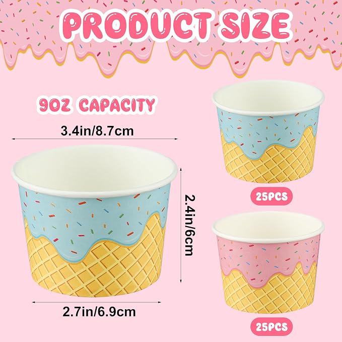 50 Pack Paper Ice Cream Cups 9oz Dessert Paper Bowls Disposable Ice Cream Party - Image 2